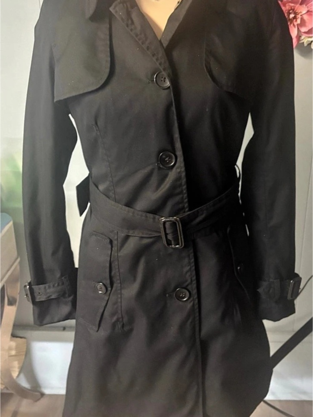 Banana Republic Black Houndstooth-Lined Trench Coat Size Small Like New